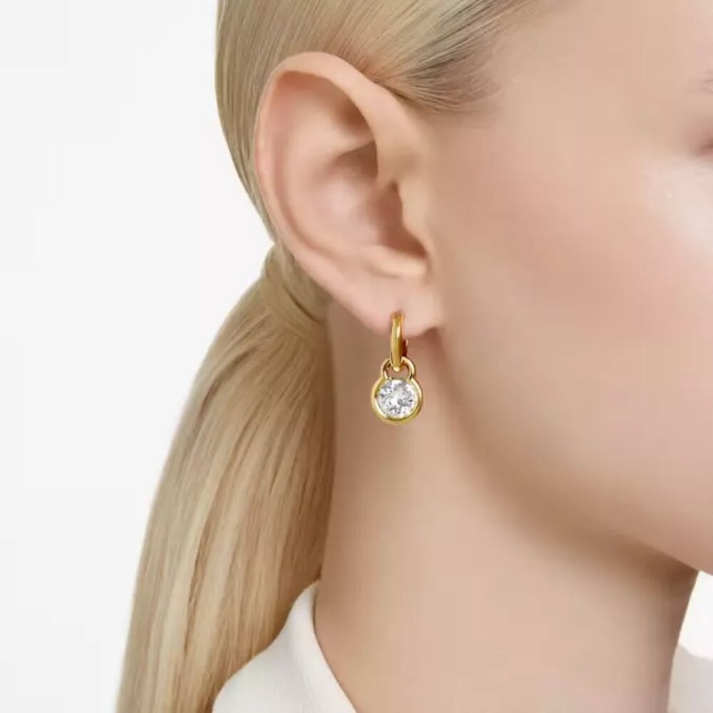 Swarovski Crystal Dextera Drop Earrings, Round Cut, White, Gold-Tone, New w/Tag